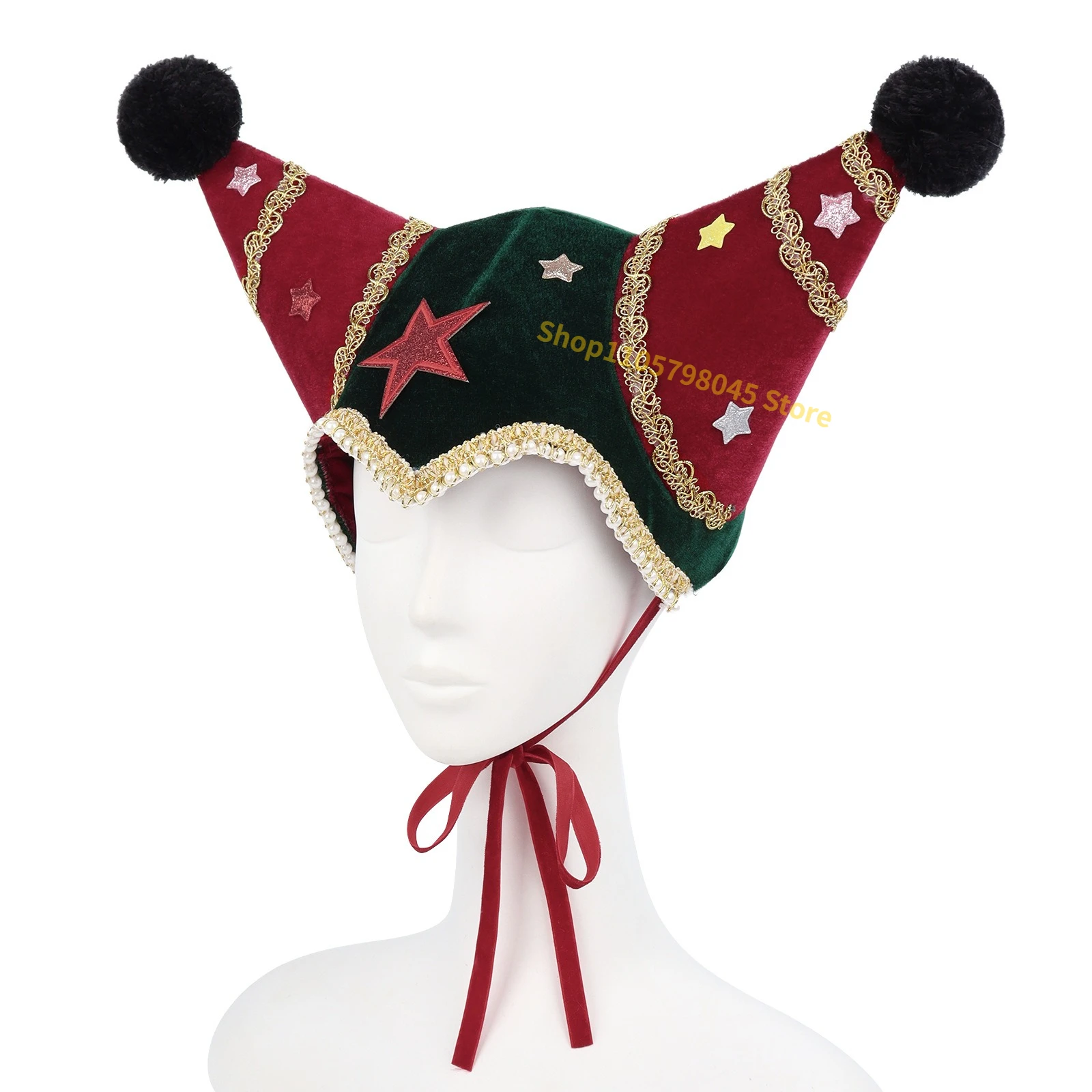 Christmas Theme Double Horn Jester Hat with Star Patches Adult Party Photo Prop Festive Holiday Cosplay Headwear Accessory