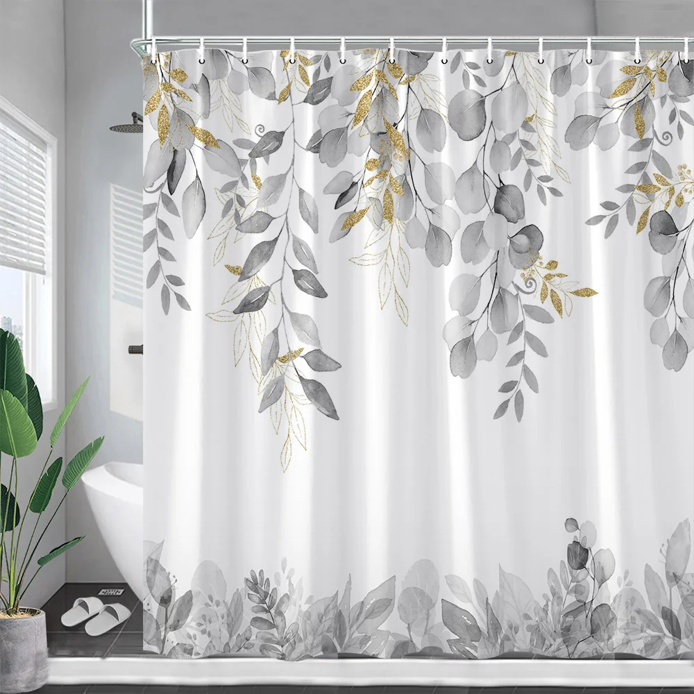 Green Leaves Shower Curtains Watercolour Plants Gold Leaf Modern Spring Minimalist Fabric Home Bathroom Decor Bath Curtain Sets