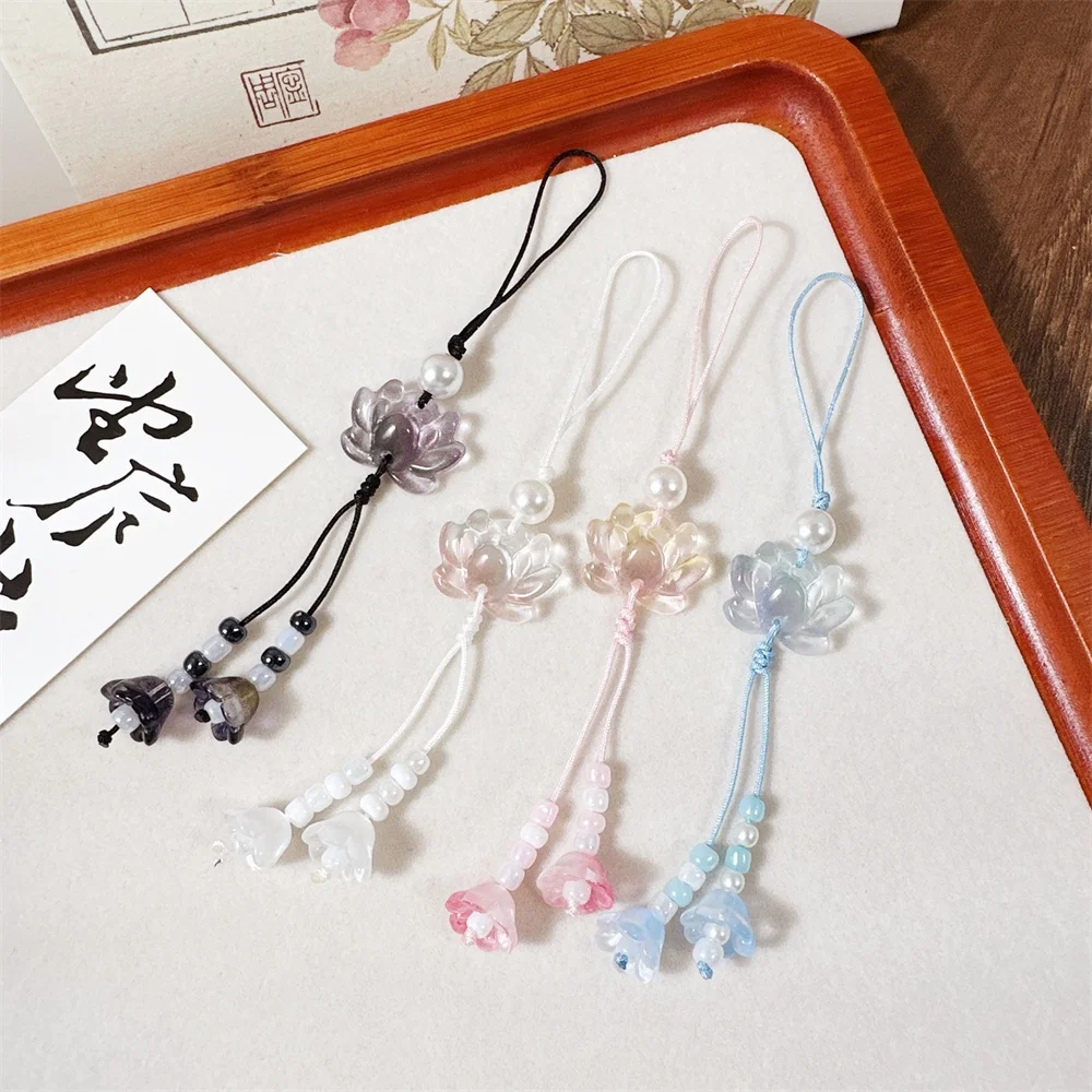 Chinese-style Handmade Beaded Lotus Pendant Key Chains Mobile Phone Chain for Women Men Ethnic Charm Jewelry Accessory Gift