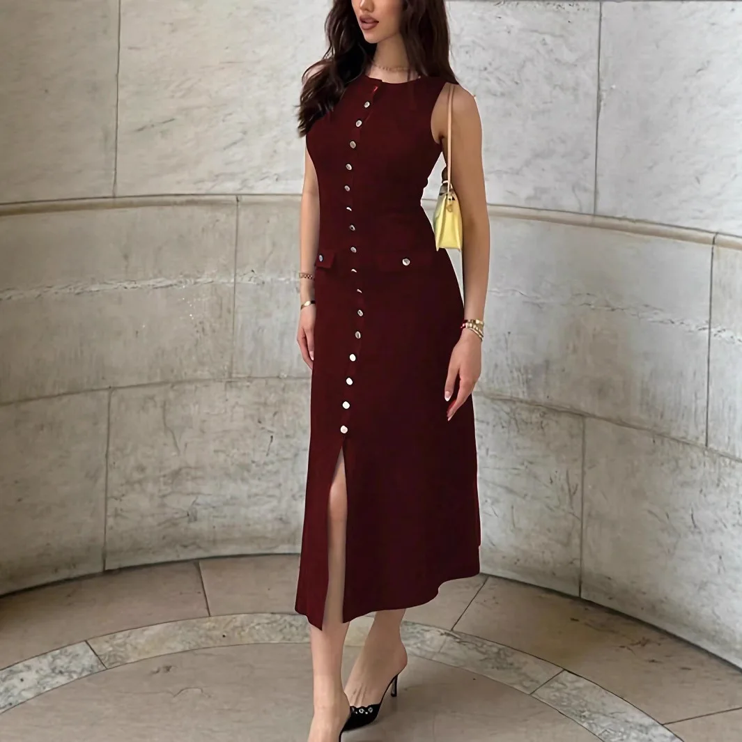 Elegant Women's Knitted Ribbed Long Dress, Round Neck Sleeveless Button-down Slim-fitting Dress