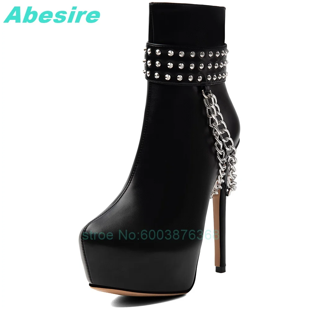 Punk Rivet Chain Decoration Platform Ankle Boots Women Black Stiletto Heel Booties Gothic Rivet Party Festival Fashion Shoes