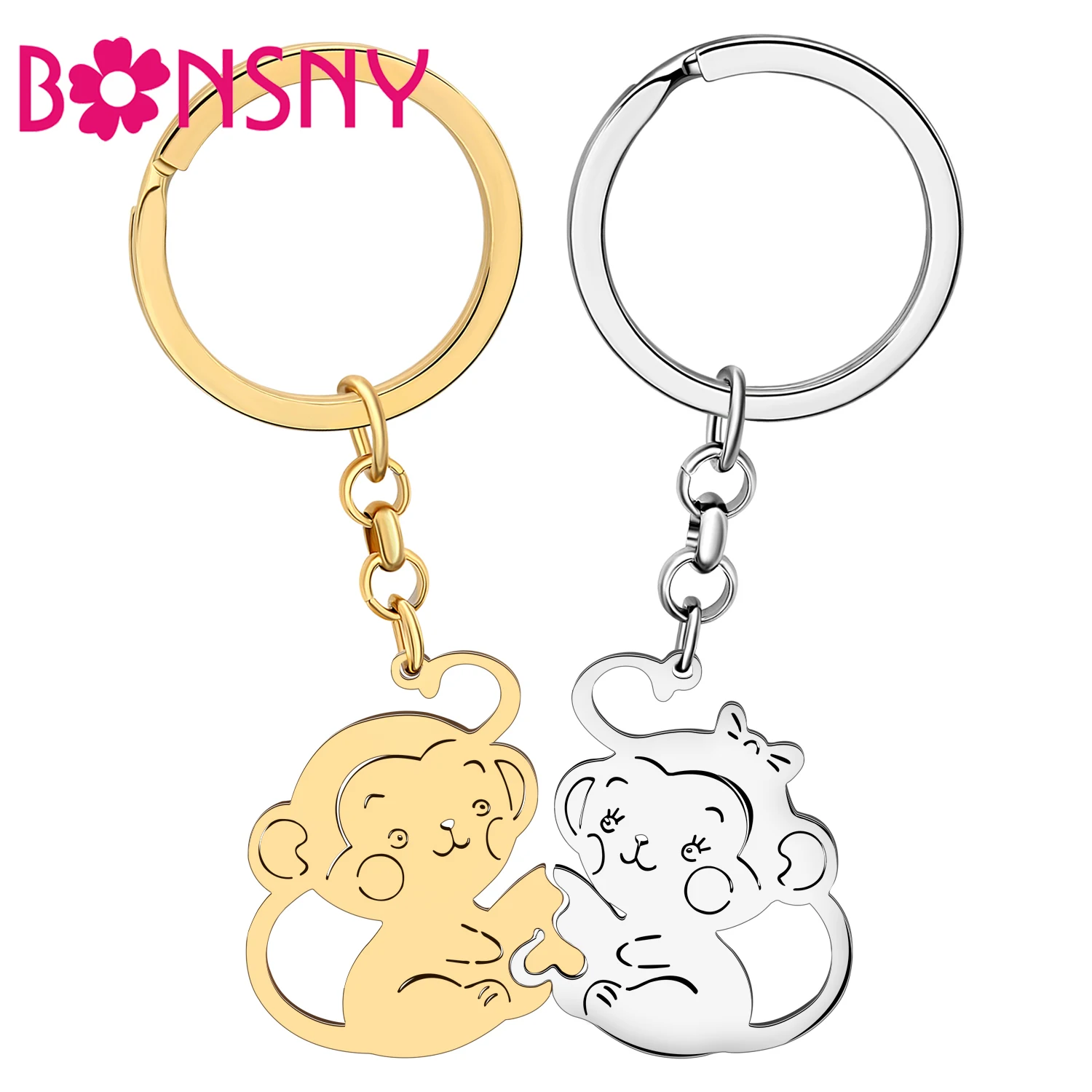

Bonsny 2PCS Valentine's Day Stainless Steel Cute Love Heart Monkey Keychains Bag Purse Key Chain Keyring For Women Couples Gifts