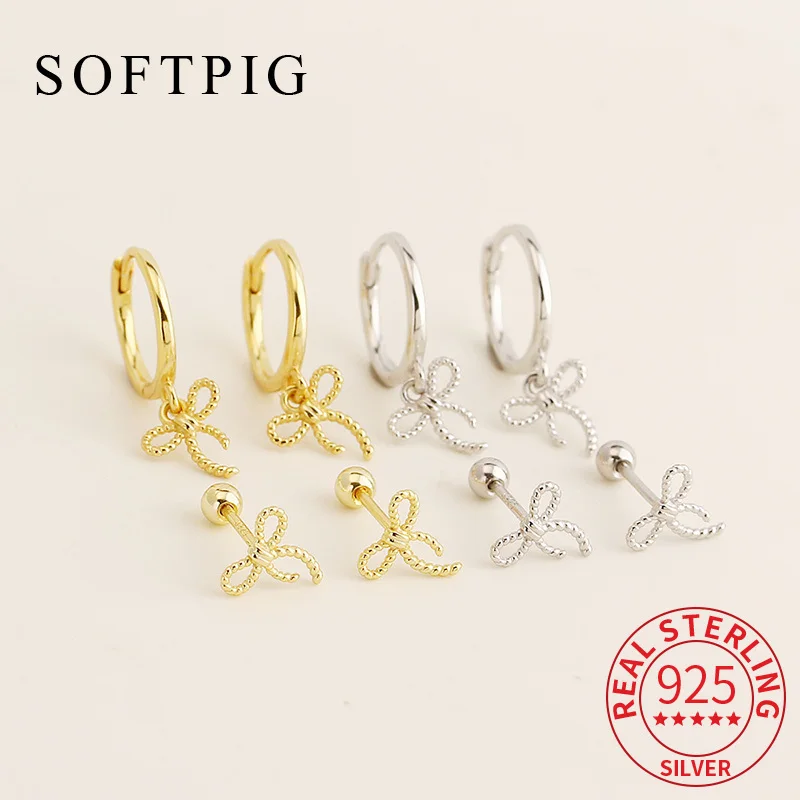 

SOFTPIG Real 925 Sterling Silver Bowknot Flower Mini Stud Earrings for Women Cute Fine Jewelry Light Luxury 14K Gold Accessories