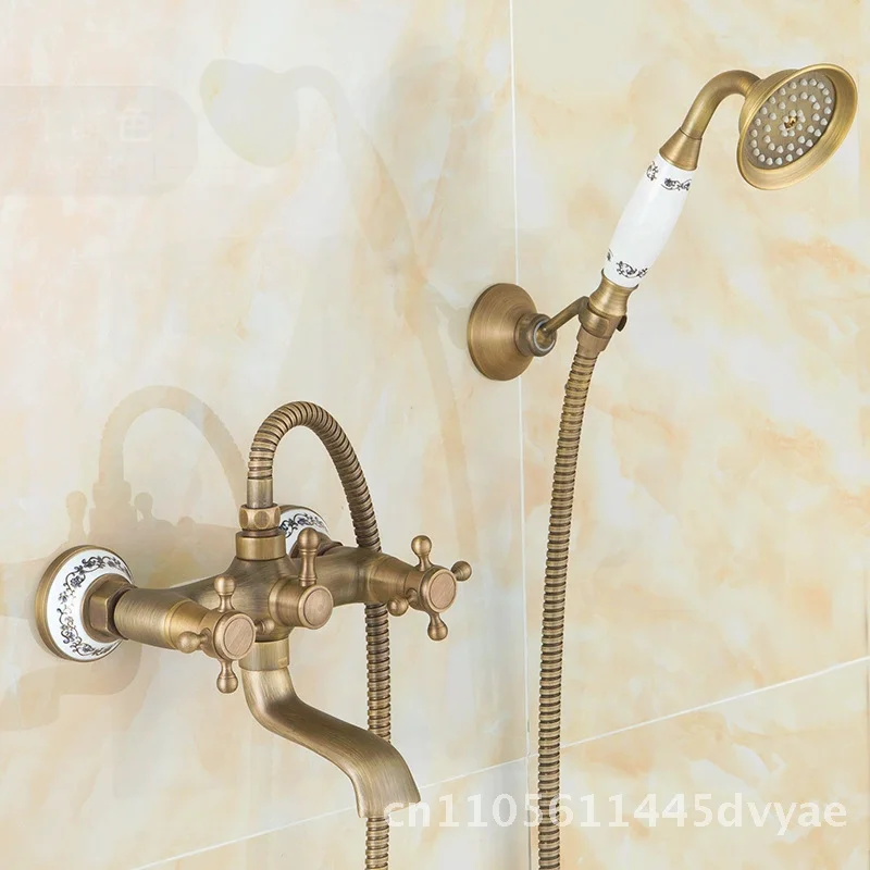 

Antique Brass Dual Handle Shower Faucet Wall Mount for Bathtub Cold Hot Water Mixer Tap with Porcelain Blue White Finish