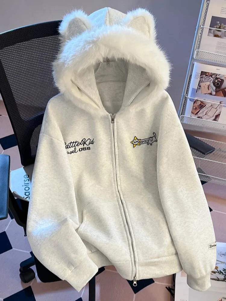 Thiened Fce Kapuzenpullover Ohr Warme Oberbekleidung Original Design Loose Fit Damen Herbst Winter Neu SLE Casual Ja...