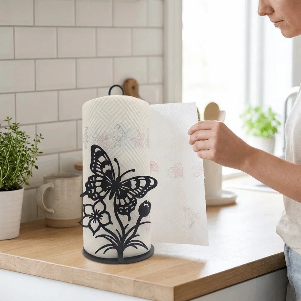2D Flat Butterfly Napkin Holder Wooden Base Free Standing Vertical Napkins Rack Decorative One-handed Tear Tissue Stand for Home