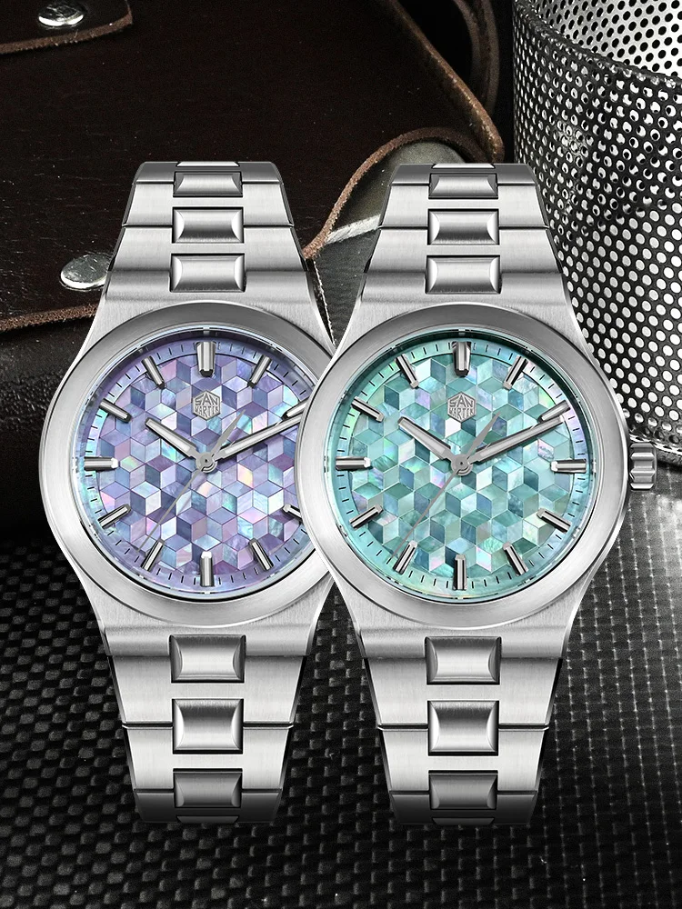 San Martin New 40mm Miyota 90S5 Splicing MOP Dial Automatic Mechanical Men Watch Transparent Caseback Waterproof 100M SN0149GB