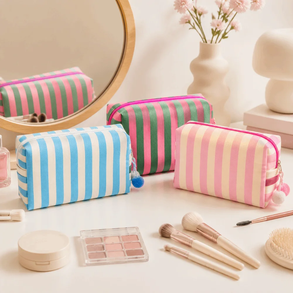Large Capacity Cosmetic Storage Bag Canvas Waterproof Travel Toiletry Bag Washable Pom Pom Pendant Stripe Makeup Pouch Daily Use