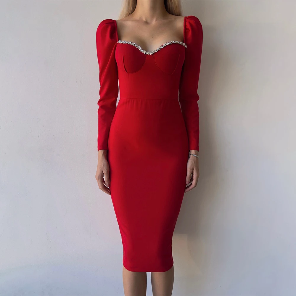 

Red Cocktail Dress Knee Length Long Sleeves Crystal Sweetheart Cocktail Gowns Short Shetah/Column Women's Party Dresses Custom