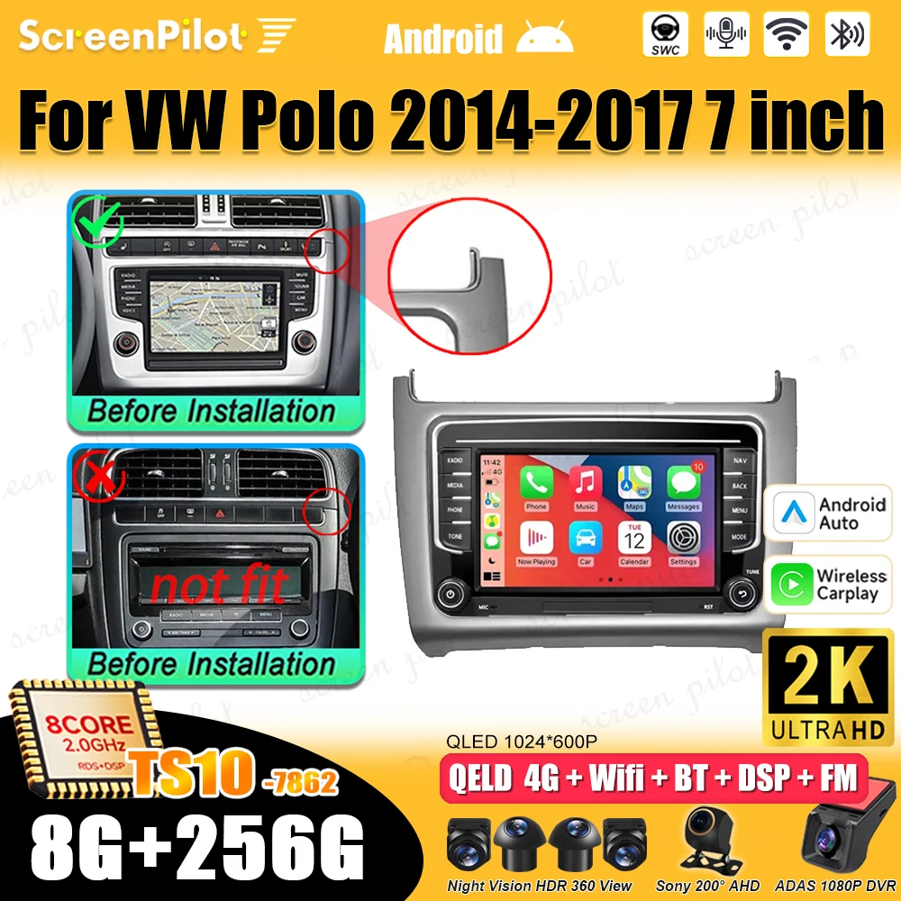 Android 16 For VW Volkswagen Polo 2014-2016 2017 Car Radio Stereo Head Unit Multimedia Video Player GPS Navigation 7 Inch 5G RDS