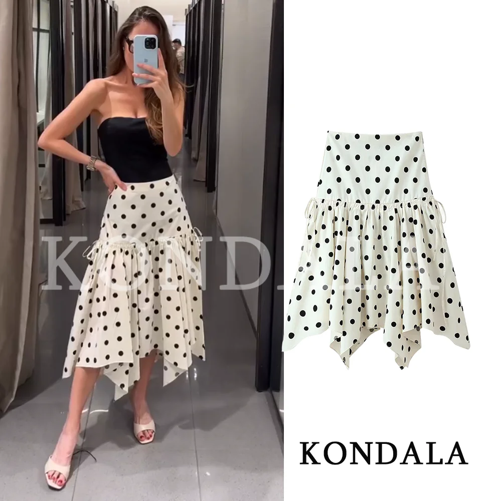 KONDALA Lady Polka Dot Asymmetric Skirt New 2026 Summer Trendy Vacation Midi Skirt Women Elegant Chic Casual Irregular Hem Skirt