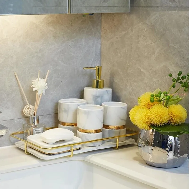 

European Upscale Ceramic Bathroom Accessory Set Marble Soap Dispenser Gargle Cup Toothbrush Holder Dish Household Wash