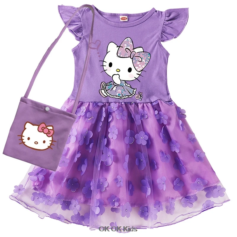 New Hello Kitty Baby Girls Dresses Kids Clothes Cosplay Costume Children's Casual Rainbow Dress + Bag Toddler Best Gift