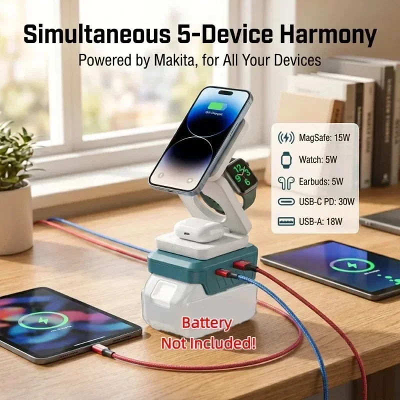 3-in-1 Wireless Magnetic Charging Adapter Mobile Phone Holder with USB Port for Makita/Milwaukee/DL18/20V Batteries for Camping