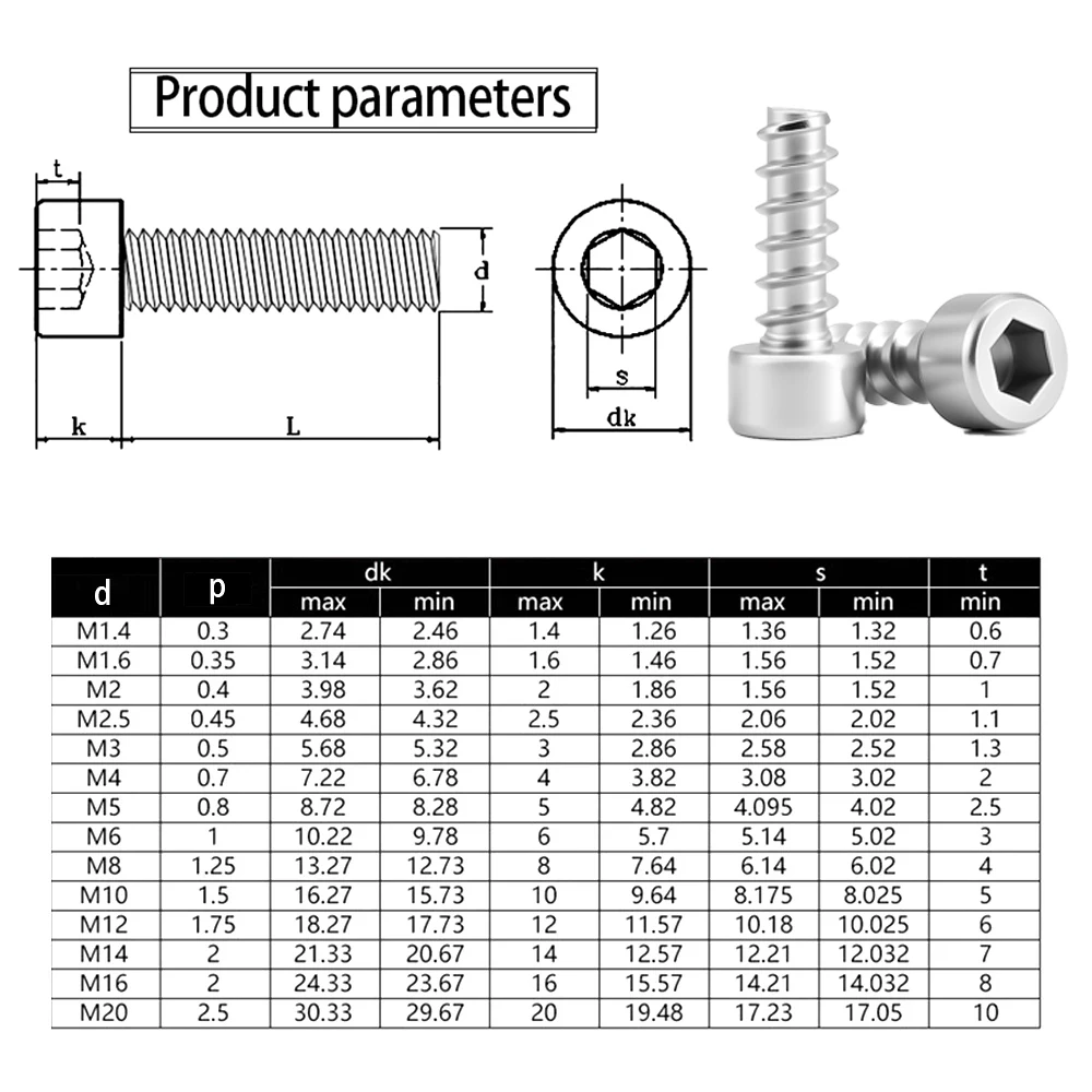 304 Stainless Steel HB Hex Socket Cap Head Self Tapping Screw M2 M3 M3.5 M4 M5 Low Short Allen Head Cutting Tail for Plastic