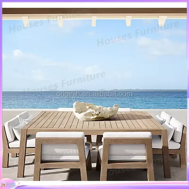 Modern 8 Seat Teak Outdoor Dining Set Garden Courtyard Patio Furniture Table and Chairs Hotel Restaurant Exterior Wood Deck