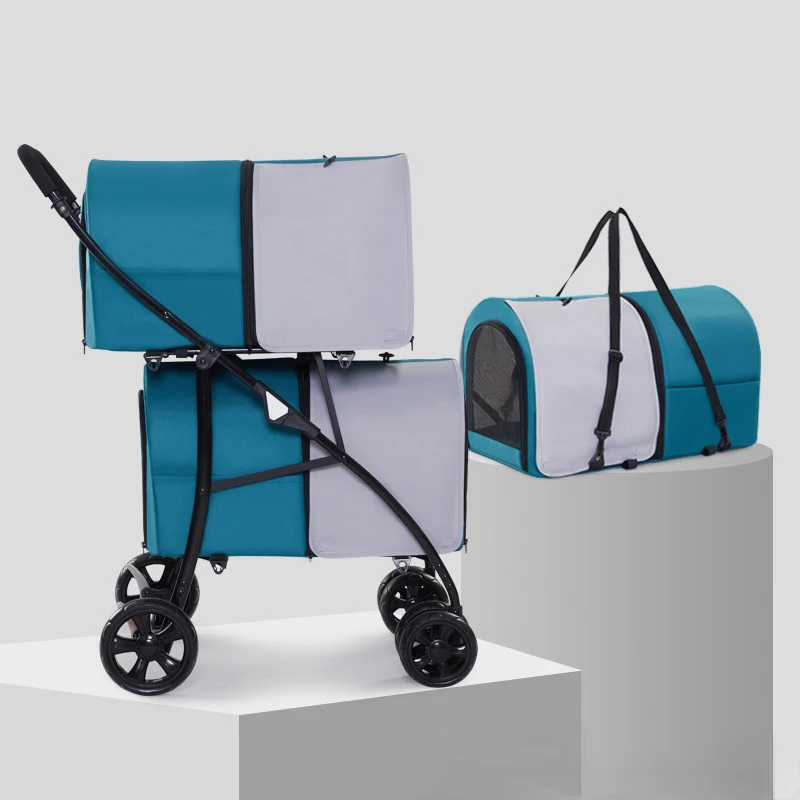 Outdoor Travel with Large Space for Cats and Dogs Four Wheeled Handcart Cage Lightweight Foldable Double Layer Pet Cart