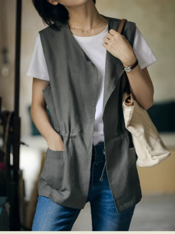 เสื้อกั๊กผ้าฝ้ายลินินทรงเข้ารูปทันสมัย พร้อมเข็มขัดสี ไม่มีกระดุม คอกลม สไตล์ลำลอง โอเวอร์ไซส์ แฟชั่นฤดูร้อนสำหรับผู้หญิง