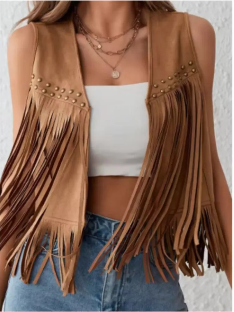 

Suede Tassel Vest Women's 70s Hippie Outfit Sleeveless Open Front Vest Western Jacket New tassel jacket women's deer skin jacket
