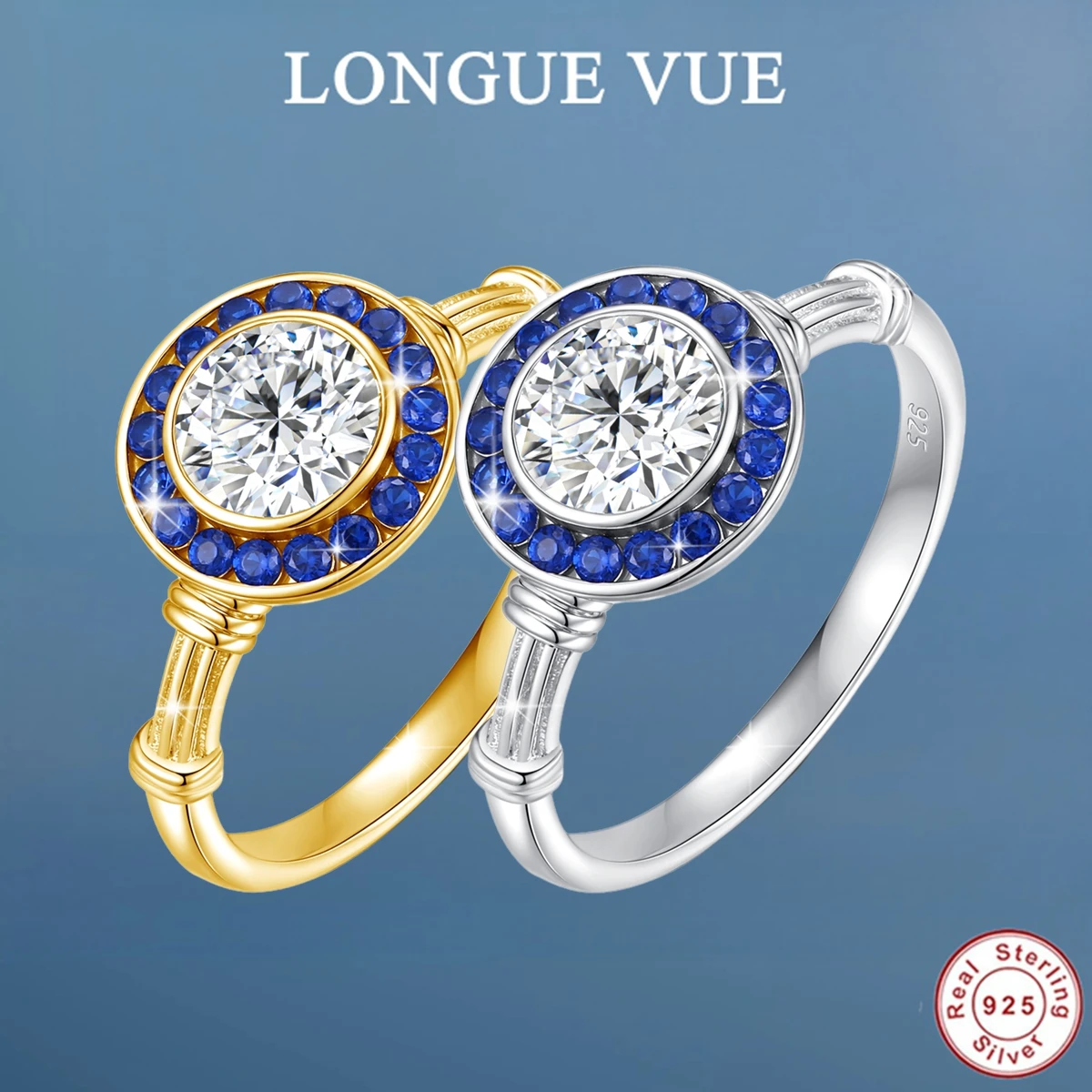 

D Color Moissanite Rings 925 Sterling Silver Fashion Sparkle Blue Corundum Round Halo Ring For Women Wedding Fine Jewelry Gift