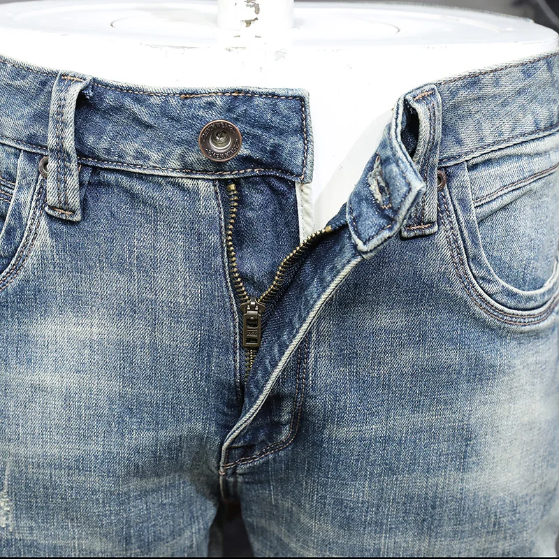 Fashion Designer Men Jeans High Quality Retro Washed Blue Stretch Slim Fit Ripped Jeans Men Patched Vintage Denim Pants Hombre