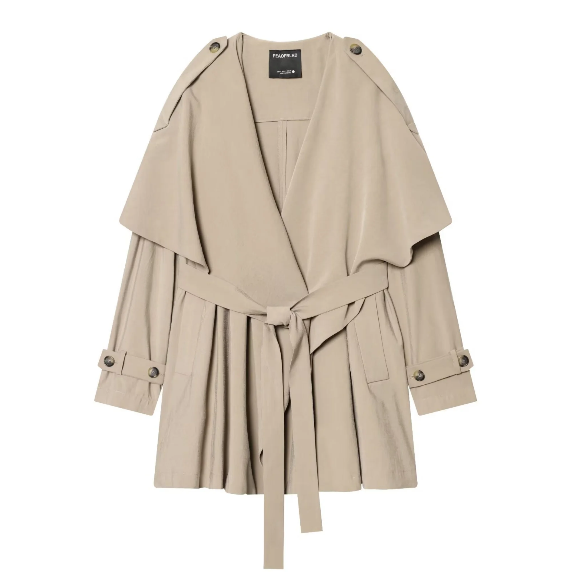 Women Lace-Up Pleated Decoration Solid Trench Coat Spring New Female Fashion Short Windbreaker Long Sleeve Pockets Vertical Tops