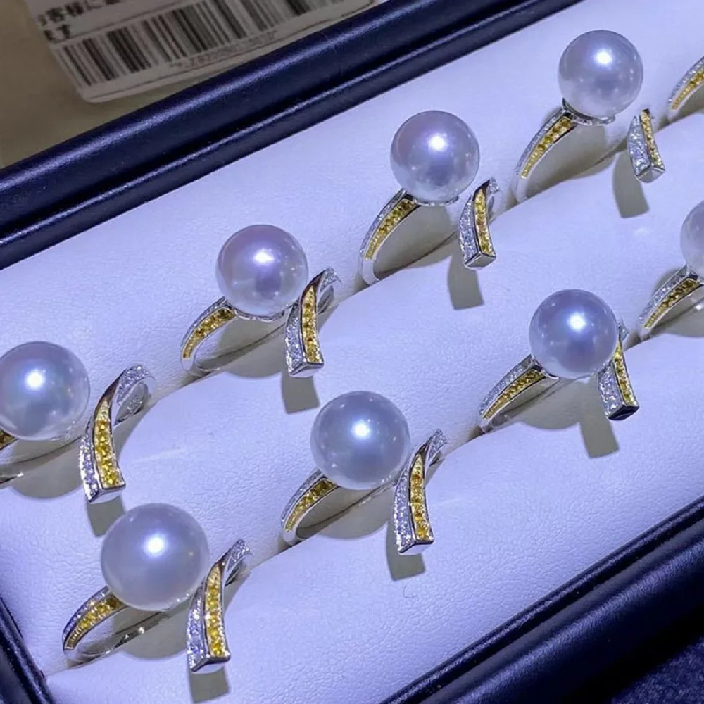 S925 Pure Silver Personalized Fashion Pearl Ring AAAA10-11mm Natural South Sea Round White Pearl Ring