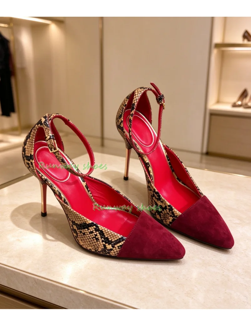 Snake Pattern Splicing Claret Pointed Tip High Heel Ankle Buckle Cut-Out design Luxury Women's Sandals Banquet Fashionable