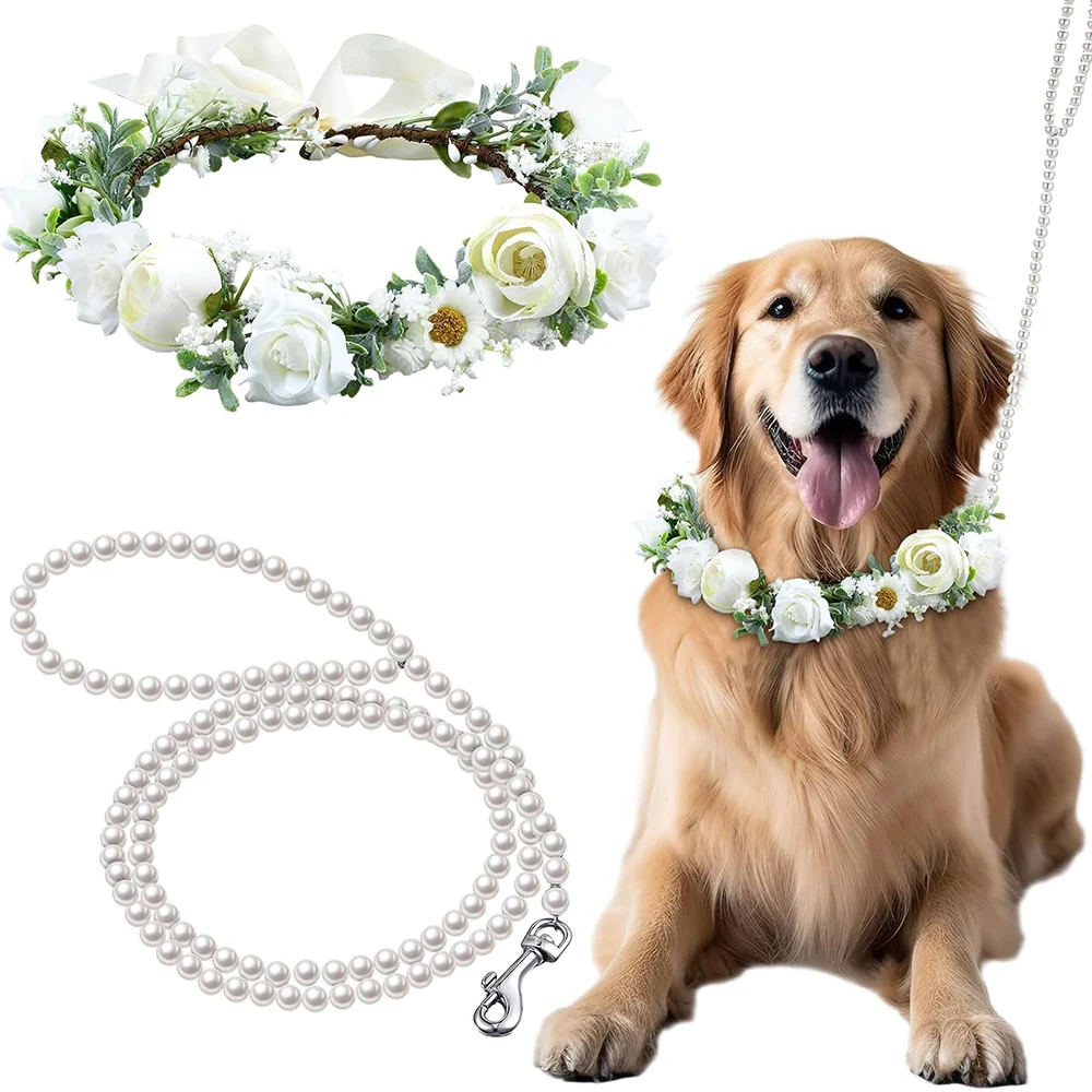 

Dog Flower Collar and Leash Set for Large Dogs Pearls Beaded Dog Leash Collar Bows for Wedding Attire Wreath Pet Photo Prop