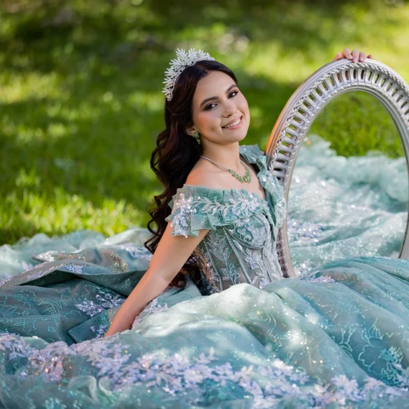 Shiny Haze Blue Quinceanera Dress off-shoulder Lace Ruffle Decal Long tail Bow vestidos de 15 Quinceanera ﻿Customized