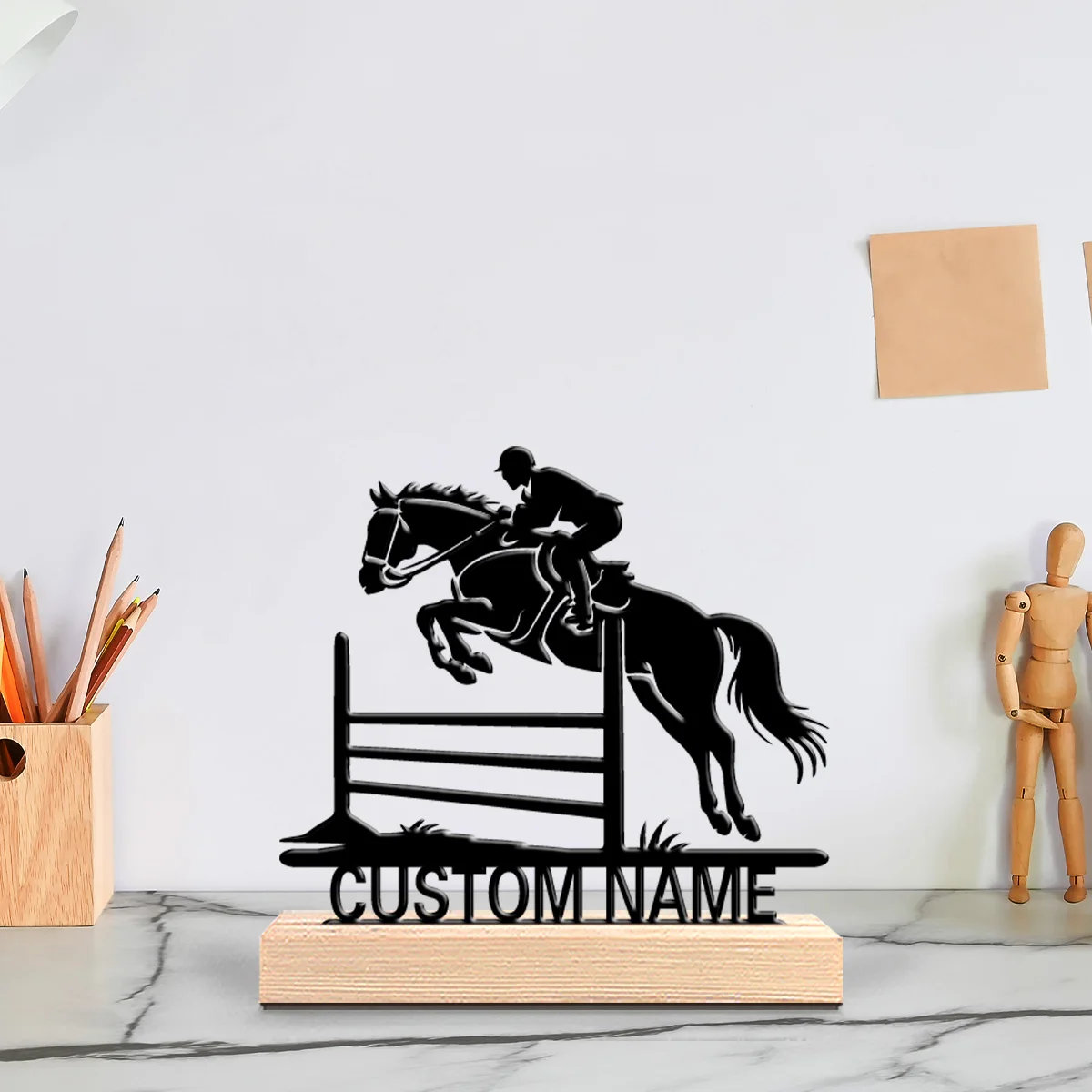 1pc New Design Personalized Custom Horseback Riding Metal Statues Travel-Themed Desk Sculpture with Wooden Base Ideal