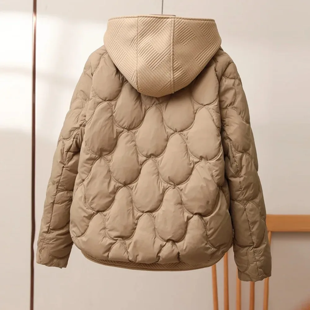 2025 novo inverno feminino falso duas peças de malha emendado puffer jaqueta casual 90% pato para baixo casaco curto solto com capuz parkas