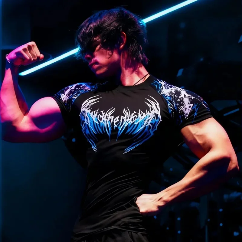 Men's Dark Gothic Letter Printed Compression Tshirt Short Sleeve Quick Dry Metallic Sports Tee for Gym Weightlifting Training