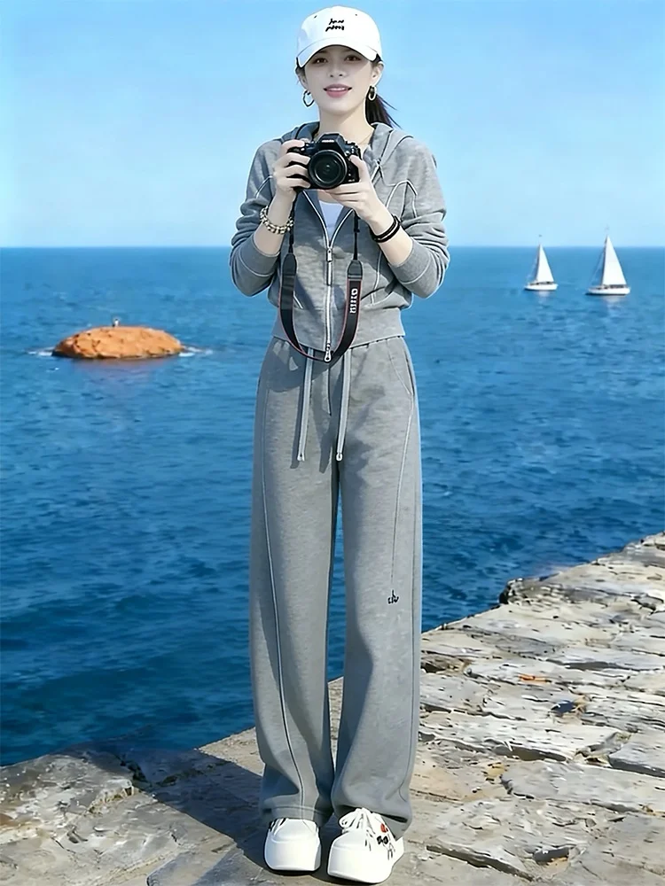 

Fashionable Sporty Women's Set High Waist Wide Leg Pants Short Hoodie Top Spring Comfortable Casual Outfit Two Piece Set