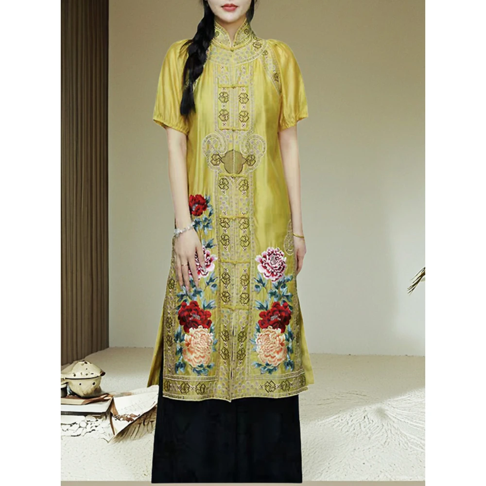

Женское летнее тонкое роскошное платье Cheongsam в этническом стиле с цветочной вышивкой и пряжкой из тенселя, воротник-стойка, свободное длинное платье больших размеров