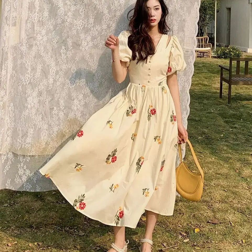 

Dress Fake Two-Piece High Street Women Korean Style Apricot Puff Sleeve Summer Elegant Sweet Dresses Elegant Slimming Long Skirt