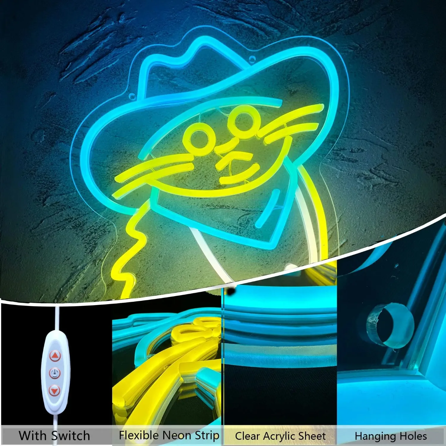 Imagem -06 - Cool Cowboy Cat Neon Monster King Anime Neon Sign Led Regulável Art Deco Presente para Quarto de Criança Casamento Aniversário Festa em Família