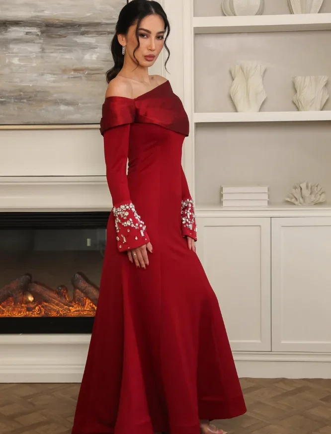 

Red Strapless Prom Dress Long Sleeves Floor Length Beaded One Shoulder Evening Dresses Customized High Quality Backless Zipper