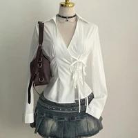 Harajuku Women's Shirt Unique Aesthetic Solid Color Slim Fit Sexy Y2K Girls Tie-Waist Gothic Street Style Casual V-Neck Tops 3