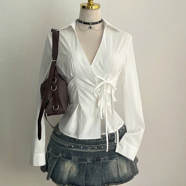 Harajuku Women's Shirt Unique Aesthetic Solid Color Slim Fit Sexy Y2K Girls Tie-Waist Gothic Street Style Casual V-Neck Tops 3 Harajuku Women's Shirt Unique Aesthetic Solid Color Slim Fit Sexy Y2K Girls Tie-Waist – view 3