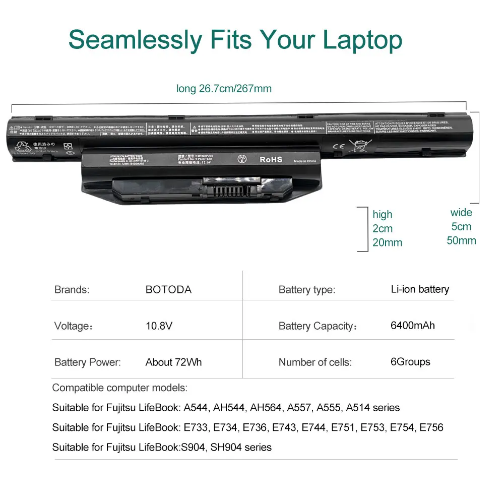 BOTODA 10.8V 72Wh 6400mAh FPCBP429 FMVNBP235 Laptop Battery for Fujitsu LifeBook A544 AH564 A557 E754 E756 SH904 Series