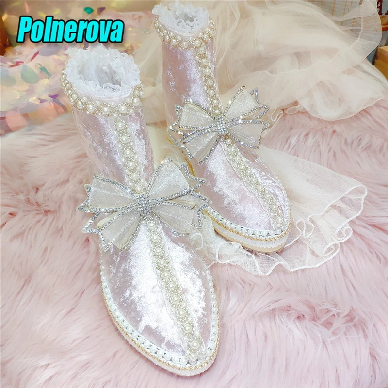 

Velvet Bow Lace Snow Boots Women Luxury Pearl Rhinestone Sweet Ladies Lolita Shoes Autumn Winter Height Increasing Ankle Boots