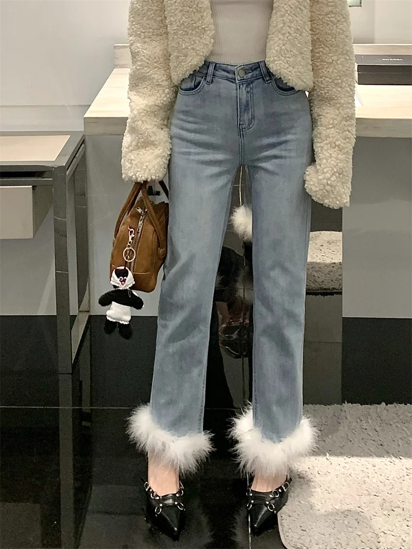 Alien Kitty Light Blue Jeans Women Patchwork Feather Autumn Slim Chic New Arrival Straight Office Lady High Street Gentle Denim