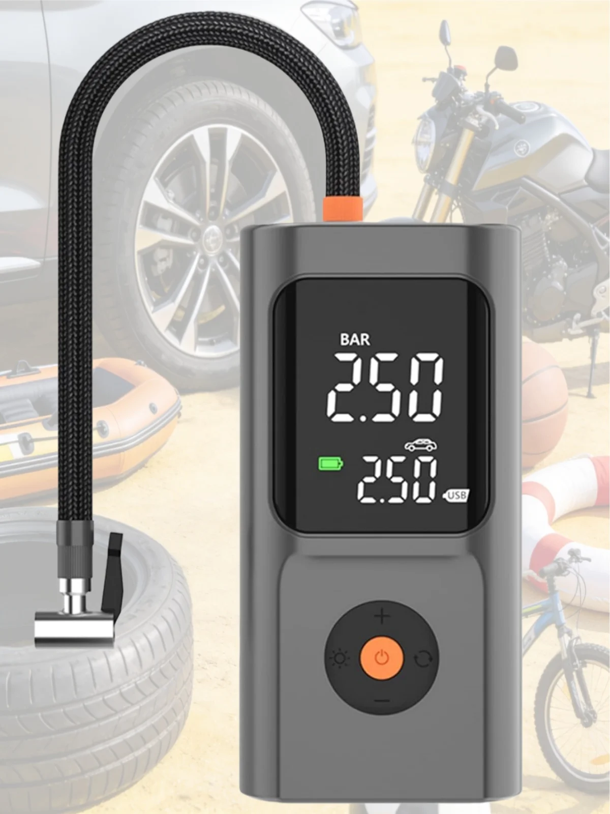 

Портативный компрессор для накачки шин, 150PSI, с цифровым манометром, светодиодной подсветкой и автоматическим отключением