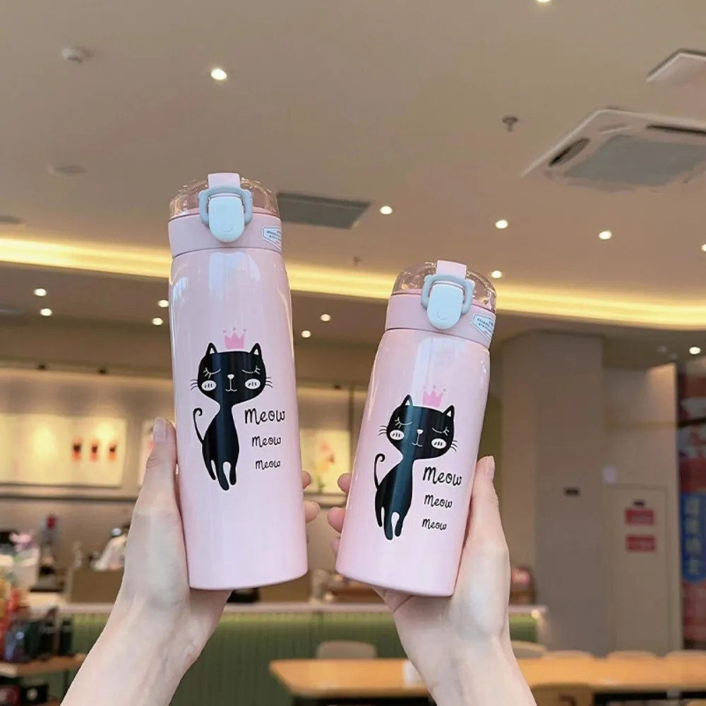 

Cute 350ml/500ml Cartoon Cat Thermal Water Bottle Straw Design Stainless Steel Thermos Cup Leak-proof Insulated Tumbler Car