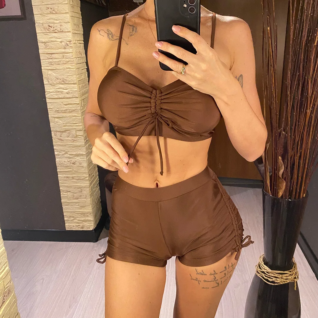 Geknitterte, geknotete Shorts, Bikini mit hoher Taille, Damen-Badeanzug, zweiteiliges Bikini-Set, Badebekleidung, Badeanzug, Schwimmanzug V6197 – Detail 2