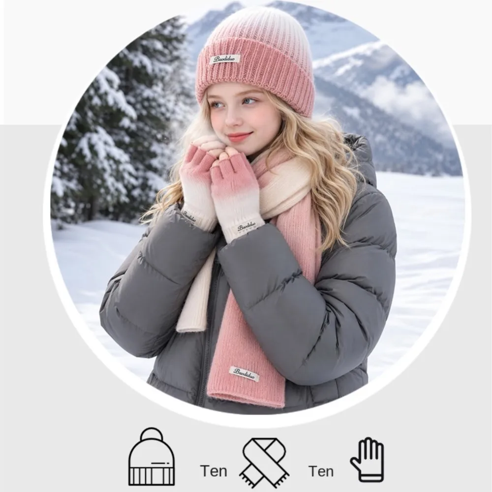 cadeau-ensemble-3-pieces-bonnet-gants-et-echarpe-d'hiver-pour-femme-motif-montagne-enneigee-rose-et-bleu-bonnet-tricote-a-revers-coteles-chaud-confortable-style-classique-pour-le-quotidien