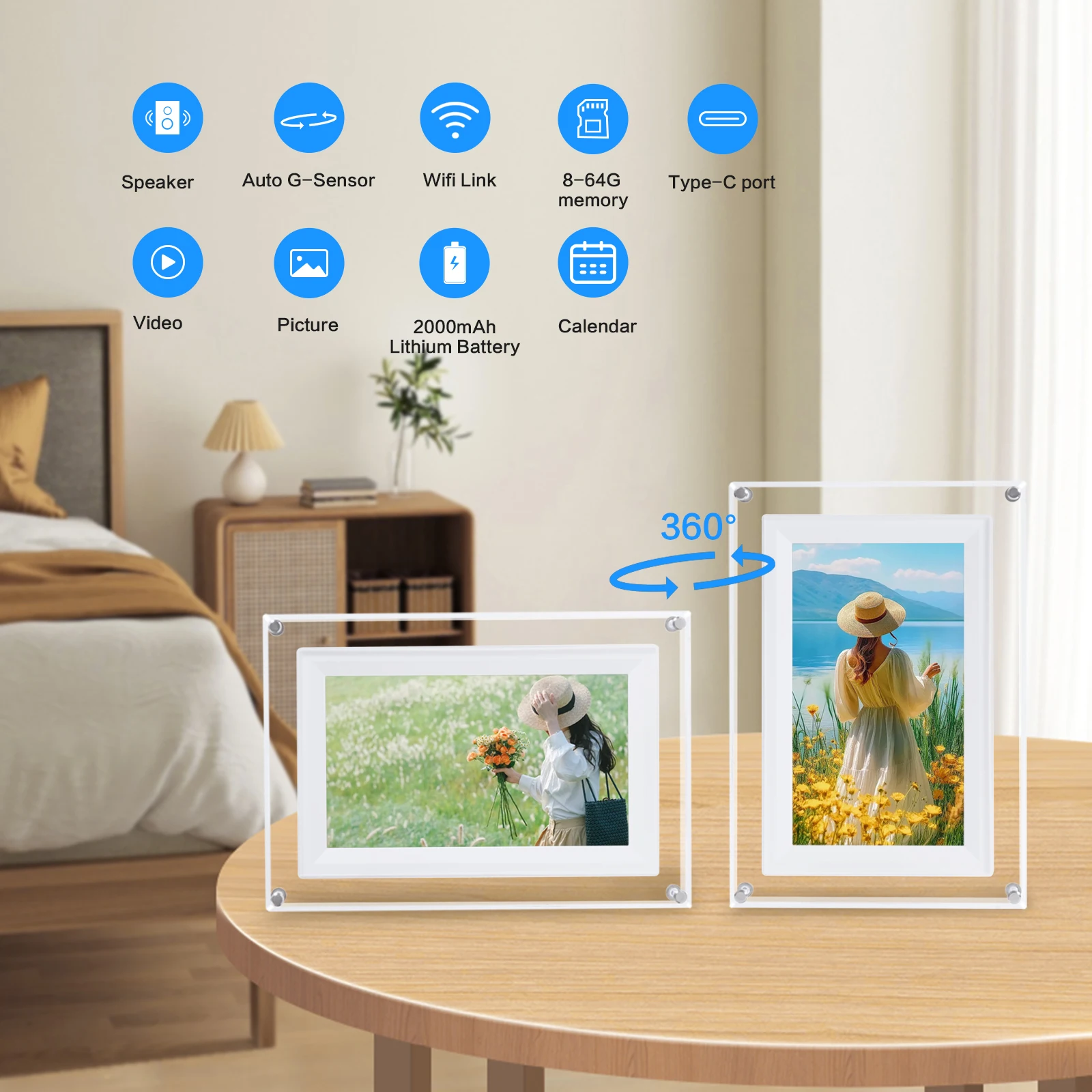 إطار صور رقمي أكريليك 7 بوصة 2000 مللي أمبير في الساعة 1024 × 600 واي فاي شاشة عرض عمودية IPS ذاكرة 8G فيديو صور متعدد الوظائف #3