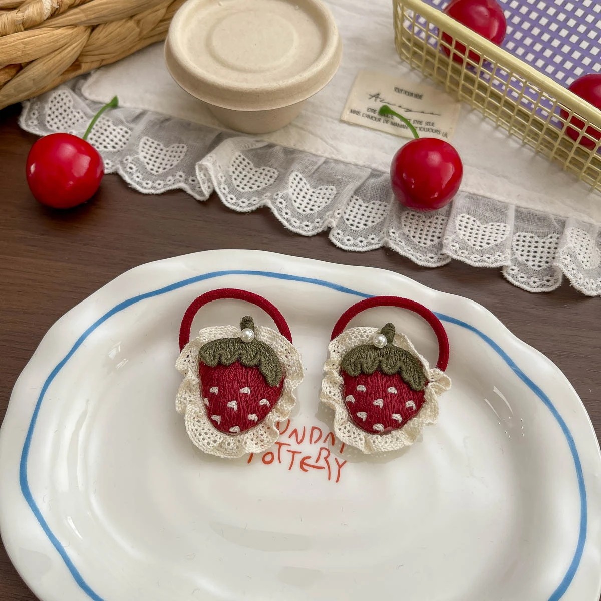 2Pcs New Lace Red Strawberry Hairpin Cute Hair Band Sweet Children's Hair Accessories Versatile Girl Hairpin