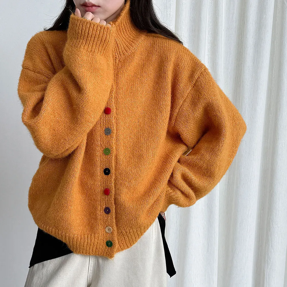 

2025 женский зимний теплый свитер с воротником-стойкой, красочный дизайн на пуговицах, вязаные кардиганы, пальто, зимняя одежда, топы для женщин, свитер